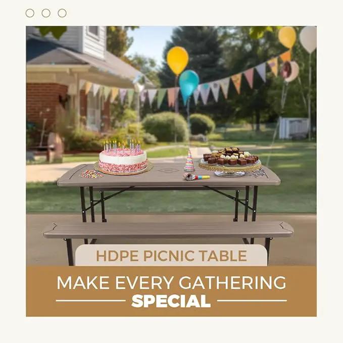 OEF Furnishings Heavy Duty Blow Molded Folding Picnic Table - Brown, Brown Frame by GreenHaven Gardens
