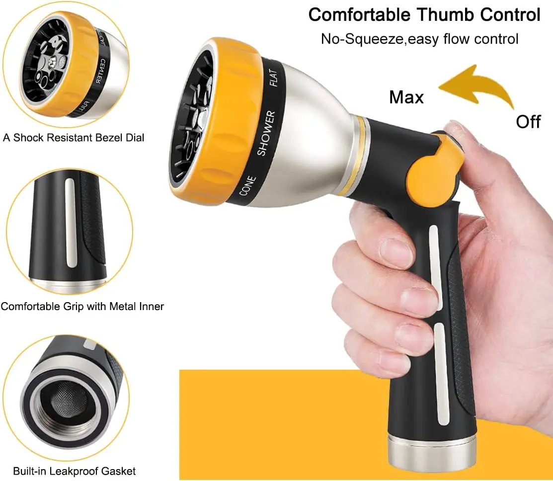 FANHAO Garden Hose Nozzle, 100% Heavy Duty Metal Spray Nozzle with Thumb Control, High Pressure Water Nozzle with 8 Adjustable Spray Patterns for Watering Plants, Washing Cars and Showering Pets by GreenHaven Gardens
