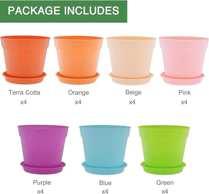 4 inch Plant Pots, 28 Pack Small Plastic Planters with Drainage Holes and Saucers for Flowers Plants, Succulents, Seed Starting Pots, Colorful by GreenHaven Gardens