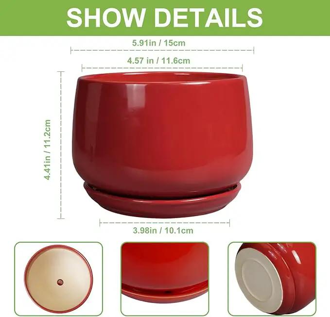 G EPGardening Ceramic Pot for Plants - 6 Inch Plant Pot with Drainage and Ceramic Tray, Modern Living Room Decor, Planter for Housewarming Gifts New Home, Red by GreenHaven Gardens