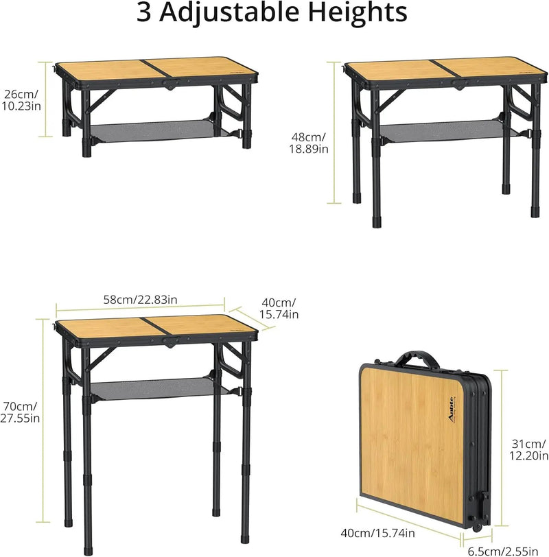2ft Camping Table Foldable with Storage Net, 3 Adjustable Heights Aluminum Small Folding Table, Lightweight, Portable Handle, for Travel Outdoor Beach Camping Picnic, 23.2" x 16", Yellow by GreenHaven Gardens