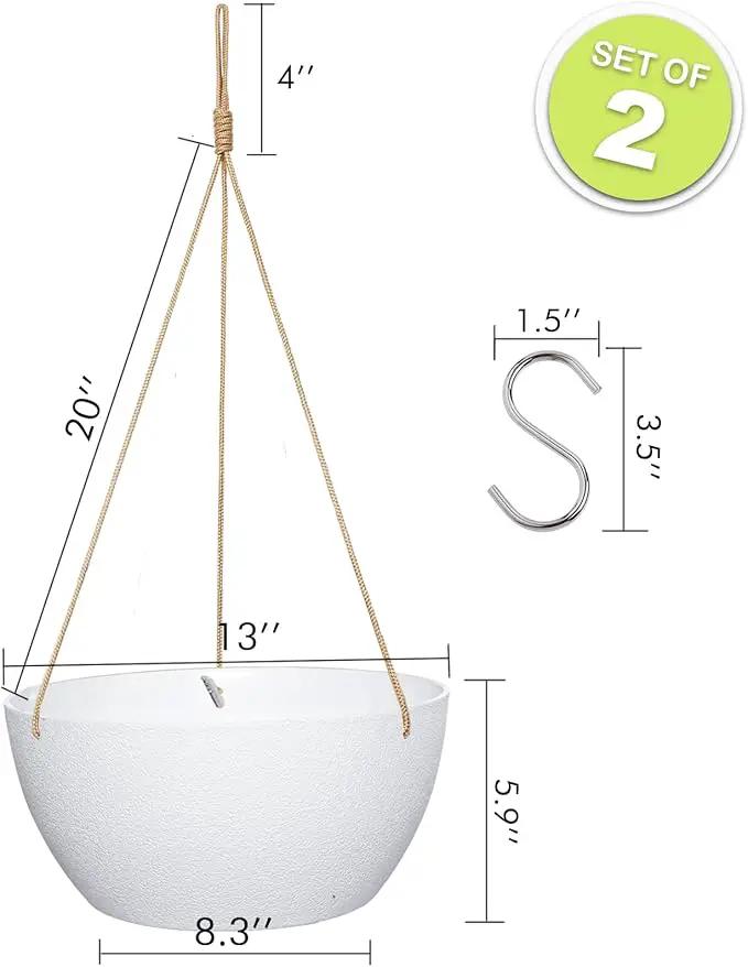 13 Inch 2 Pack Large Hanging Planters for Indoor Outdoor Plants, Plastic Hanging Basket Pots for House Plants Flowers, White by GreenHaven Gardens