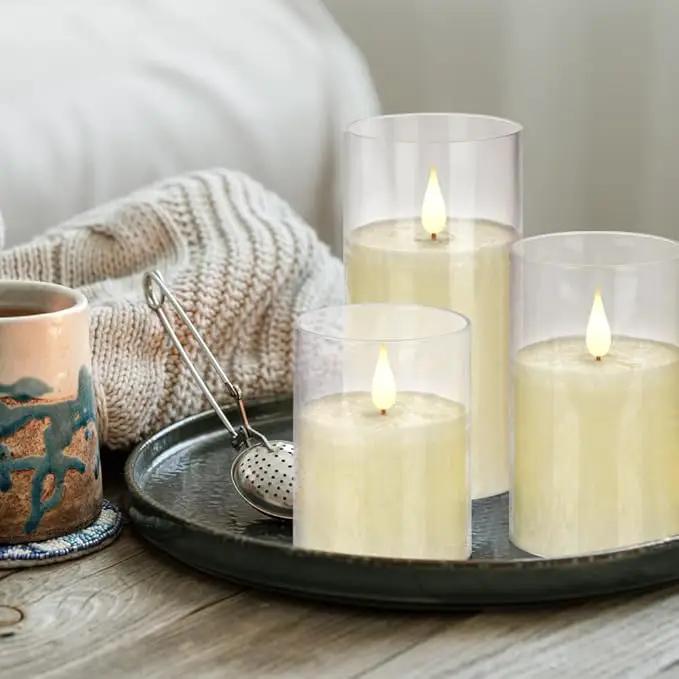 Flameless Flickering Remote Control Candle, Glass Pillar Candle,3 Pack (D:3"×H:4" 5" 6") LED 3D Flame Romantic Candle,Battery Operated Real Wax, Ideal for Wedding, Home Decor Holiday (Ivory) by GreenHaven Gardens