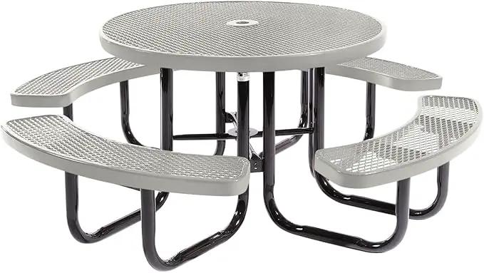 Coated Outdoor Furniture Heavy-Duty Portable Outdoor Picnic Table with Umbrella Hole, Expanded Metal Commercial-Grade Patio Dining Furniture Made in America (46" Round Top, Grey) by GreenHaven Gardens