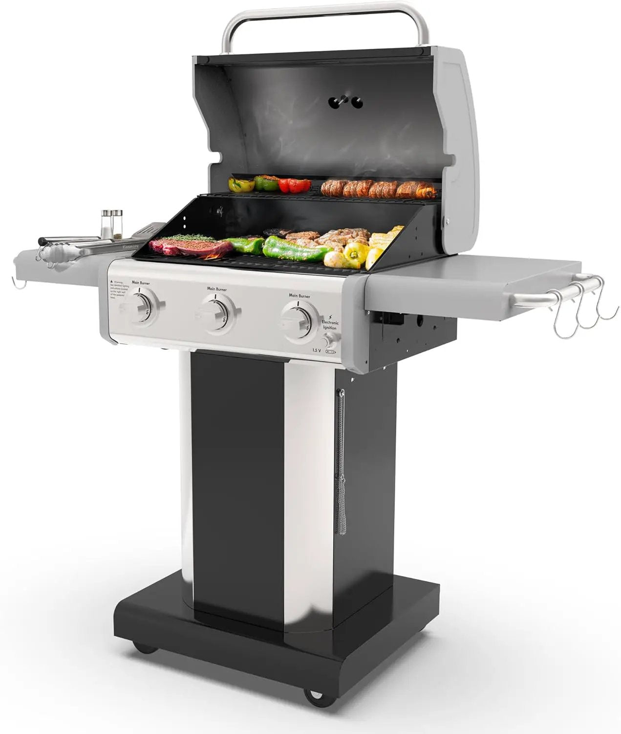 Kenmore 3-Burner Propane BBQ Grill, 30,000 BTUs Gas Grill with Cast Iron Cooking Grates, Folding Side Tables & Wheels, Outdoor Grill with Tool Hooks, Black by GreenHaven Gardens