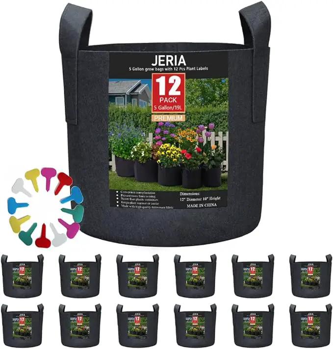 JERIA 12-Pack 5 Gallon, Vegetable/Flower/Plant Grow Bags, Aeration Fabric Pots with Handles (Black), Come with 12 Pcs Plant Labels by GreenHaven Gardens