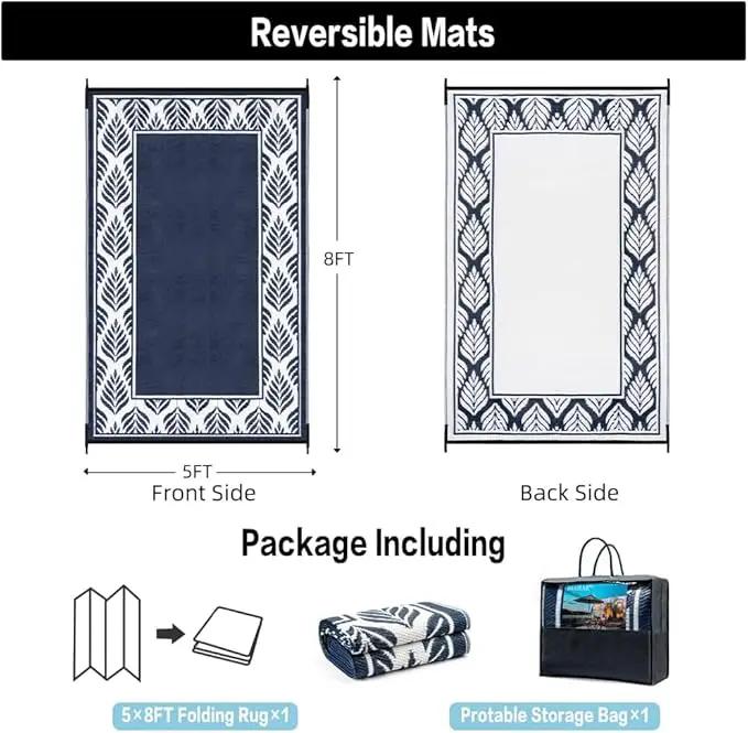 Outdoor Plastic Straw Rug, Waterproof Mat, Washable Large Floor Mat and Rug for Outdoors, RV, Beach, Patio, Camping, Backyard, Deck, Picnic, Outside (5x8ft,Olive-Leaf/Dark Blue&White) by GreenHaven Gardens
