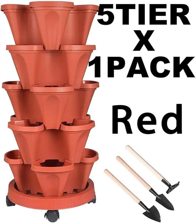 Vertical Planter 5 Tier Stackable Planters Garden Planters Strawberry Herb Flower and Vegetable Planter Indoor Outdoor Gardening Pots with Removable Wheels and Tools by GreenHaven Gardens