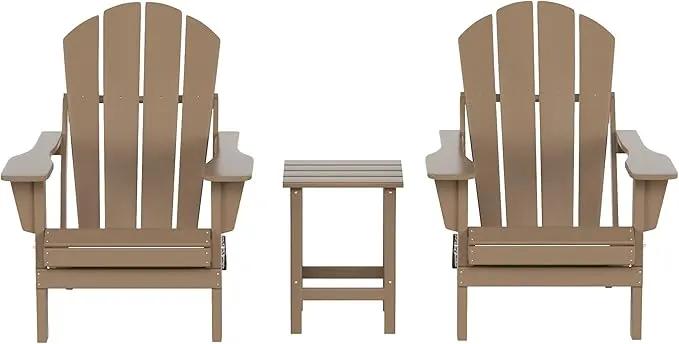 WO Home Furniture Adirondack Chairs Table Set of 3 PCS Outdoor Folding Chairs Side End Table Weather/UV Resistant for Lawn, Garden, Bon Fire, Balcony (Weathered Wood) by GreenHaven Gardens