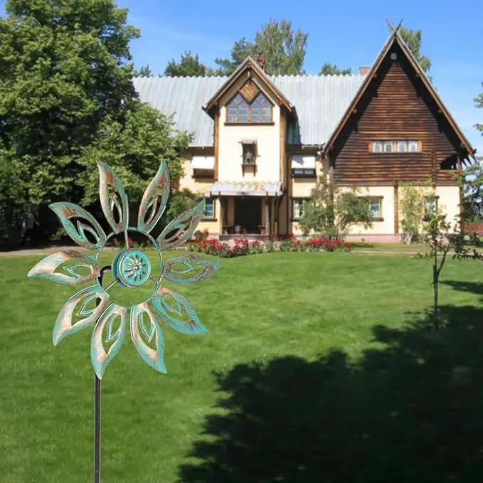 VEWOGARDEN Metal Flower Wind Spinners Outdoor, Garden Kinetic Wind Sculptures & Spinners for Yard Lawn Patio Decorations, Light Green by GreenHaven Gardens