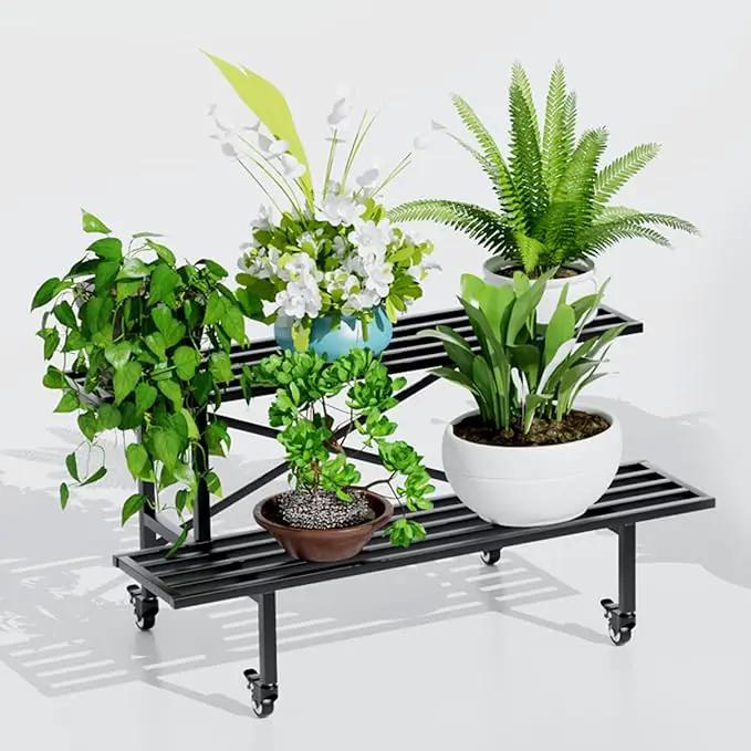 Zhongma 2 Tier Sturdy Metal Plant Stand with Wheels, L35.43 x W17.5 x H16.14 inch, Heavy Duty Plant Holder for Home Indoor and Outdoor,440 LBS Capacity & Heavy Duty Construction by GreenHaven Gardens