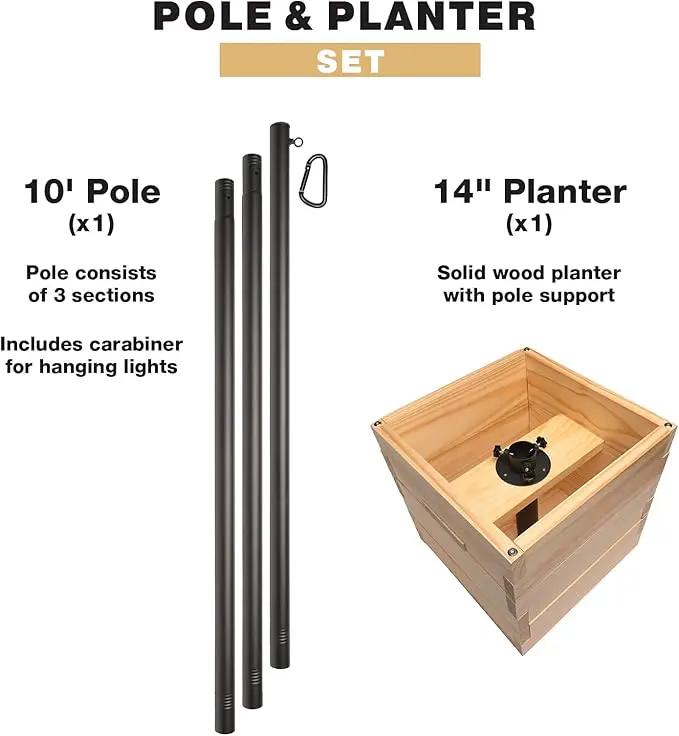 Excello Global Products Wooden Planter Box Set with 10' String Light Pole - 14"x14", Ready to Assemble. by GreenHaven Gardens