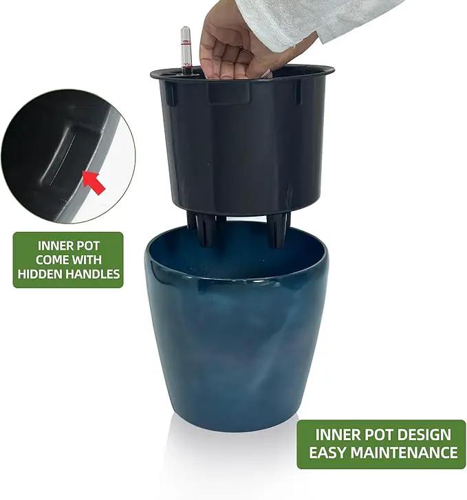 Dexceder 9x8 Inches Self Watering Planter Indoor Outdoor, Inner Pot Design, Thickened Table Flower Plant Pot with Water Level Indicator (Grayish Green Gradient) by GreenHaven Gardens
