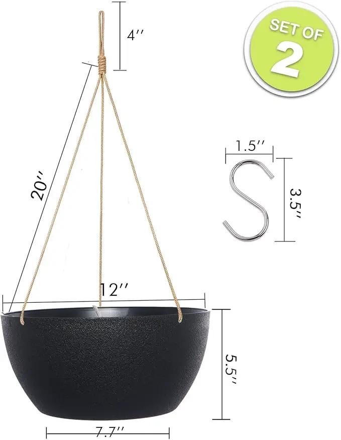 12 Inch 2 Pack Large Hanging Planters for Indoor Outdoor Plants, Plastic Hanging Basket Pots for House Plants Flowers, Black by GreenHaven Gardens