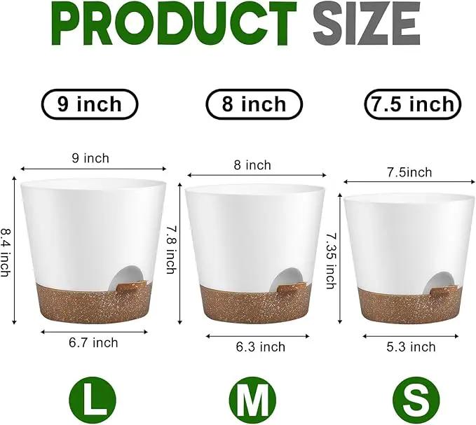 Indoor Outdoor Plant Pots- Self Watering Planters with Drainage Holes and Saucers, 9,8, 7.5 Inches, 3 Pots (Snow) by GreenHaven Gardens