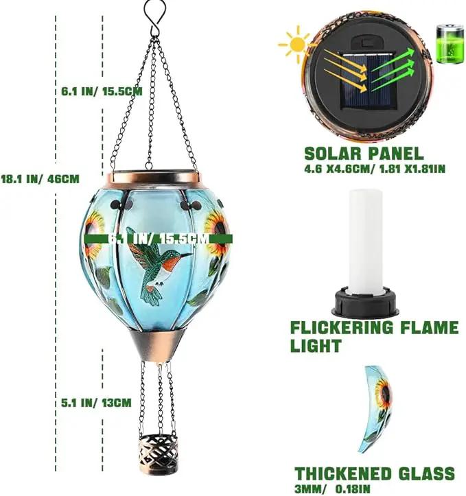 Hot Air Balloon Solar Lantern - Simulated Flickering Flame Hummingbird Glass Lantern, Outdoor Hanging Sunflower Yard Light Waterproof IP65 & Weather Resistant for Garden Patio Lawn Porch Decor Gfit by GreenHaven Gardens