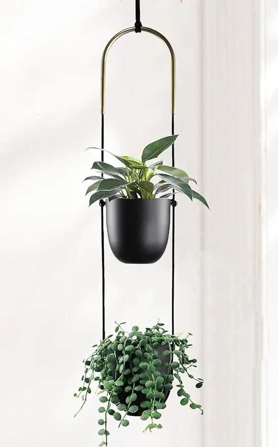 Modern Metal Hanging Planter for Indoor Outdoor Plants with Hook 2 Tier Boho Wall and Ceiling Flower Pots Baskets Holder Home Office Decor(Black) by GreenHaven Gardens