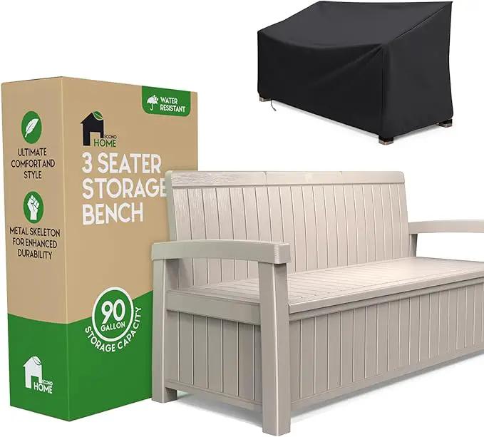 EconoHome 3 Seat Outdoor Storage Bench with Rain Cover - 90 Gallon Capacity - Weatherproof Resin Bench for Patio, Porch, Garden, Yard, Pool Area - Furniture for Pool Accessories, Gardening Tools by GreenHaven Gardens
