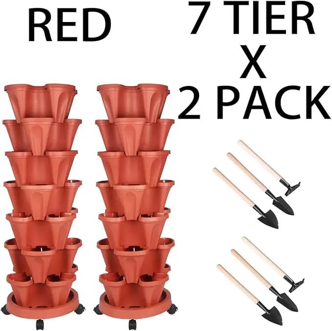 Vertical Planter 7 Tier Stackable Planters Garden Planters Strawberry Herb Flower and Vegetable Planter Indoor Outdoor Gardening Pots with Removable Wheels and Tools 2-Pack by GreenHaven Gardens