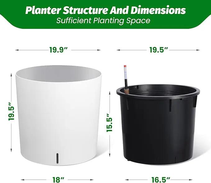 Tall Round Planter Set of 2, 19.5‘’ H x 19.9" Dia Large Planters for Indoor Plants with Built-in Drainage and a Water Level Monitor and Wheels for Patio, Porch, Living Room, or Home Office, White by GreenHaven Gardens