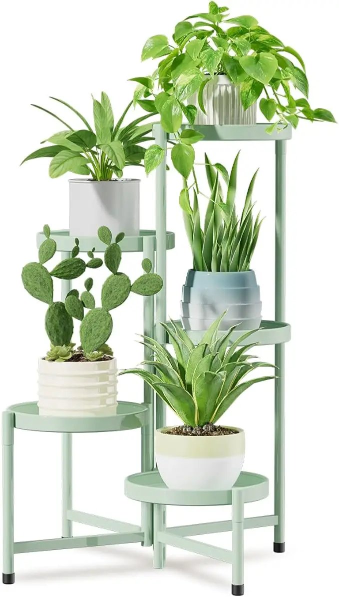 iDavosic.ly 5 Tier Large Plant Stand Indoor, 10 Inch Wide Corner Tall Metal Plant Stands Outdoor for Multiple Plants, Folding Tiered Flower Display Holder Rack Shelf, Light Green by GreenHaven Gardens