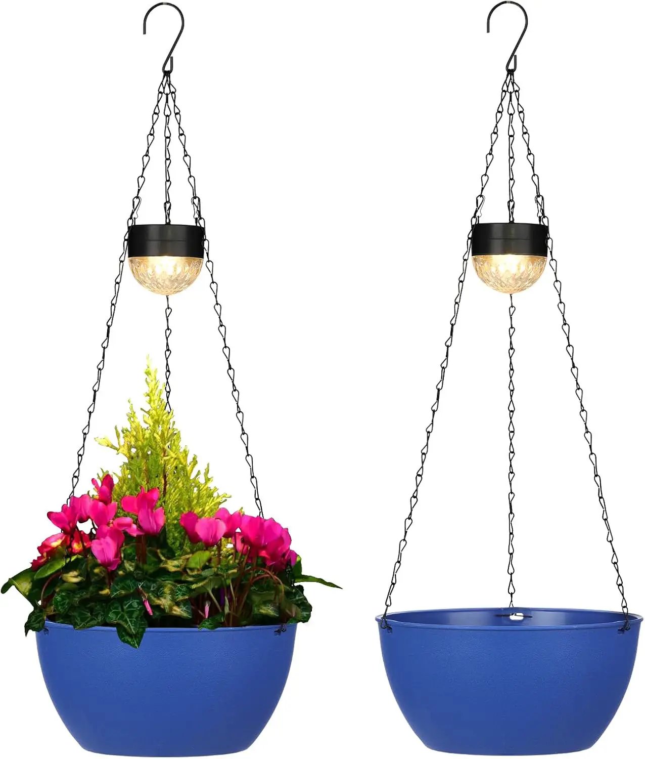 2 Packs Solar Hanging Basket Planters for Plants Outdoor, Self Watering Blue Flower Plants Pots with Solar Light Drainer for Balcony Patio Garden Outdoor Decoration by GreenHaven Gardens