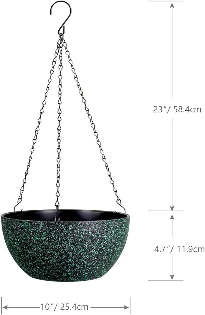 10inch Hanging Planters for Outdoor Indoor Plants with Drainage Holes and Chain, 2 Pack Round Hanging Flower Pots for Garden Home Porch Decor, Black with Green Speckles by GreenHaven Gardens