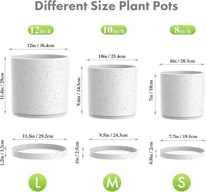 12/10/8 inch Large Plant Pots, 3 Pack Cylinder Deep Flower Pots for Outdoor Indoor Plants, Tall Plastic Planters with Drainage Holes and Saucers for Garden House Plants, Speckled White by GreenHaven Gardens