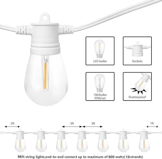 SUNTHIN White Outdoor String Lights, 96FT White Patio Lights with 32 Shatterproof LED Bulbs for Garden, Backyard, Porch, Cafe, Deck, Wedding, Party, Gathering by GreenHaven Gardens
