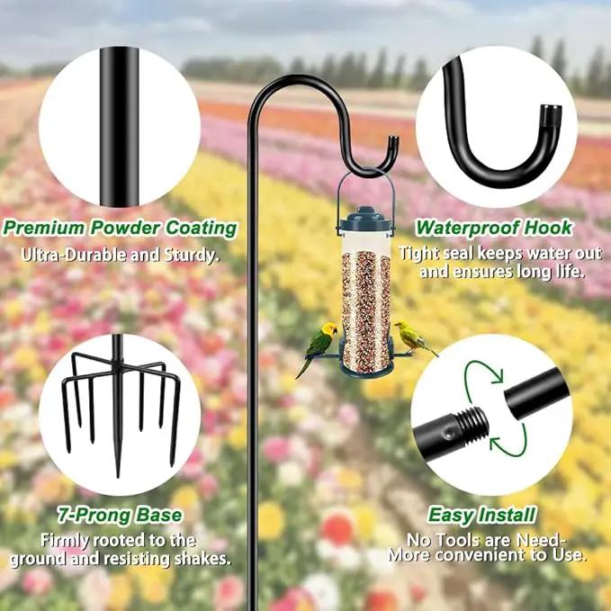 96" Shepherds Hooks for Outdoor, Heavy Duty Garden Bird Feeder Pole Hanging Bird Feeder, Solar Light Lanterns, Outdoor Plant Hanger Hook with 7 Base Prongs, 1 Pack by GreenHaven Gardens