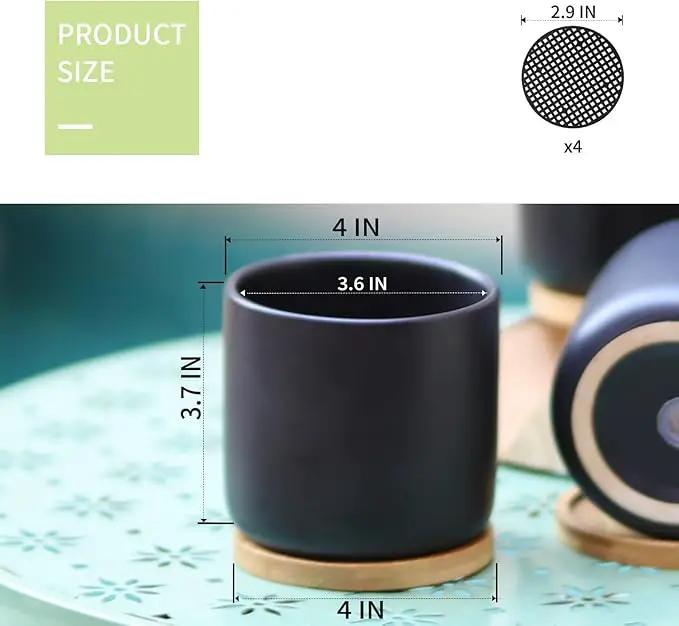 4 Inch Ceramic Plant Pots with Drainage Holes and Trays, Adorable Small Cylinder Flower Planter Pot for Indoor Plants, Succulent, Snake Plants, Cactus & Herbs, Black, Set of 4 by GreenHaven Gardens