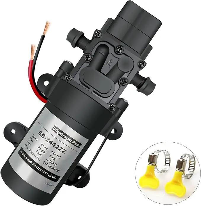 DC 12V Diaphragm Pump, Self-Priming Sprayer Pump, 1.2 GPM 87 PSI Pressure Switch Adjustable water pump, With 2 hose clamps, for RV Camping Shower Garden Irrigation by GreenHaven Gardens