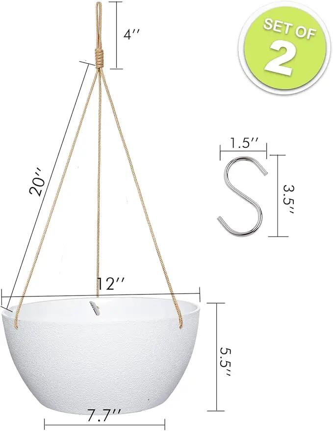 12 Inch 2 Pack Large Hanging Planters for Indoor Outdoor Plants, Plastic Hanging Basket Pots for House Plants Flowers, White by GreenHaven Gardens