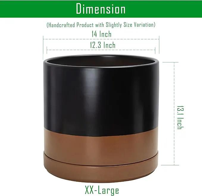 D'vine Dev 14 Inch Ceramic Planter Pot with Drainage Hole and Saucer, Indoor Cylinder Round Planter Pot, Black/Speckled Tan, 94-O-G-7 by GreenHaven Gardens