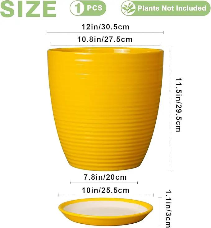 12 Inch Pots for Plants - Ceramic Planter for Indoor Plants Large Plant Pot with Drainage Hole and Saucer Round Outdoor Flower Pot for Garden Home Patio Office Yellow by GreenHaven Gardens
