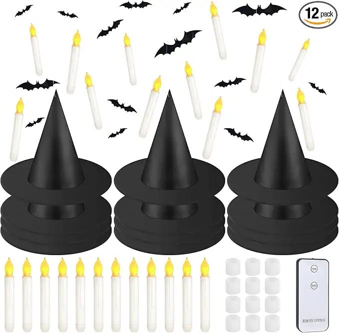 80 Pcs Halloween Hanging Witch Hats and Taper Floating Candles Set Includes 12 Witch Hats 12 LED Floating Candles Lights 56 3D Bats Wall Stickers for Halloween Decoration Front Porch Yard Decor by GreenHaven Gardens