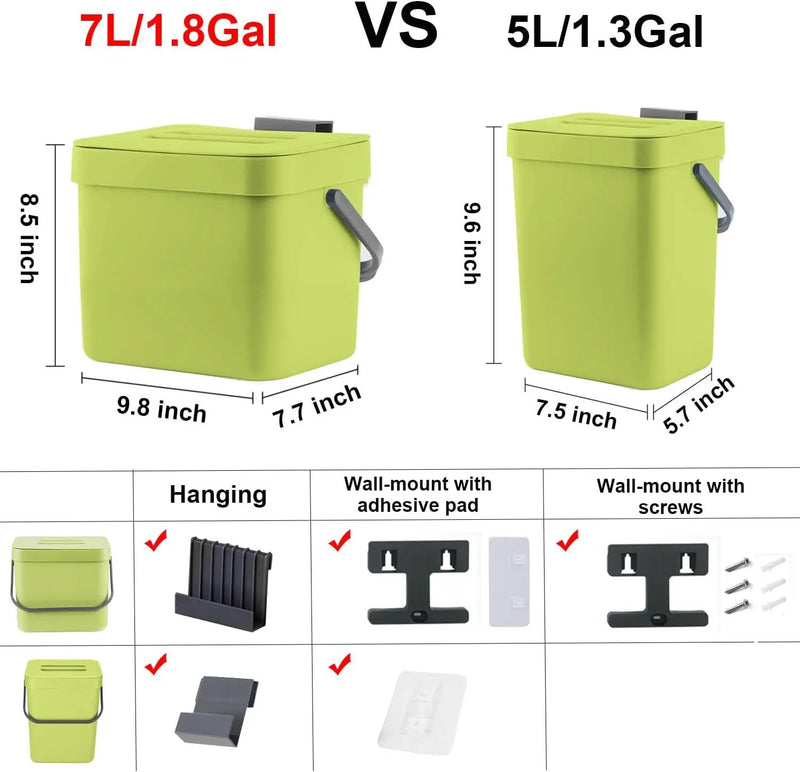 LALASTAR 1.8 Gallon Hanging Trash Can, Green, Plastic, Compost Bin Indoor Kitchen Sealed, Small Trash Can with Lid, Mountable by GreenHaven Gardens