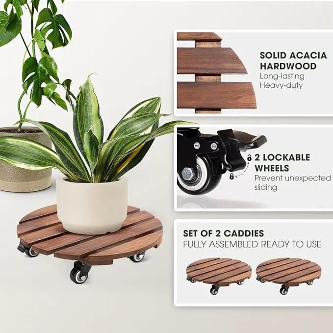 Idzo 2-Pack 14 Inch Acacia Wood Plant Caddy with Wheels – Heavy-Duty Plant Dolly with 264 Lbs Capacity, 360° Lockable Wheels for Large Plant Pots, Heavy Objects, Ideal for Indoor and Outdoor Use by GreenHaven Gardens