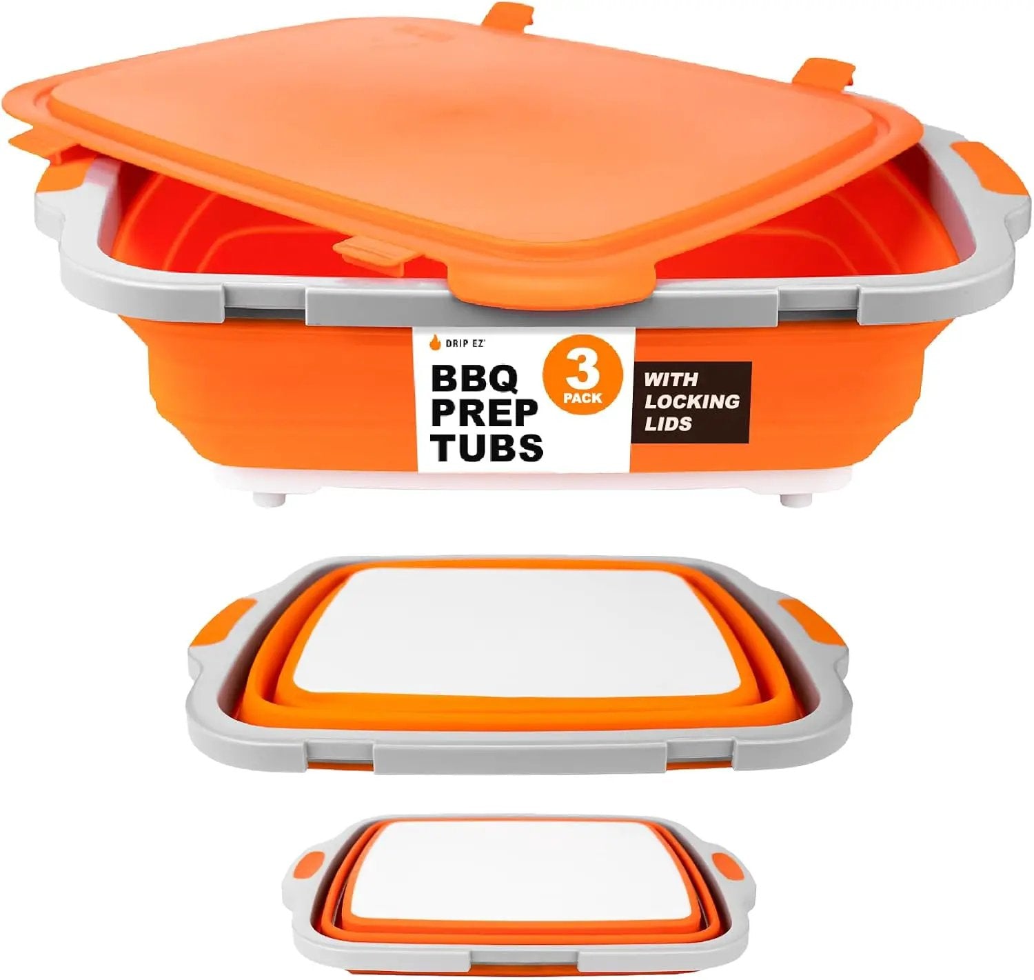Drip EZ Collapsible BBQ Prep Tubs 3-Piece Set- For Meal Prep Marinating Food Storage - Includes Cutting Board & Lid - (1) JR + (1) OG + (1) XL - Orange by GreenHaven Gardens