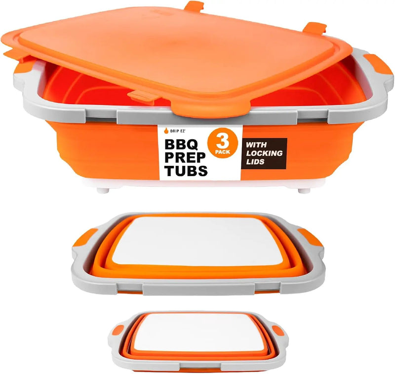 Drip EZ Collapsible BBQ Prep Tubs 3-Piece Set- For Meal Prep Marinating Food Storage - Includes Cutting Board & Lid - (1) JR + (1) OG + (1) XL - Orange by GreenHaven Gardens