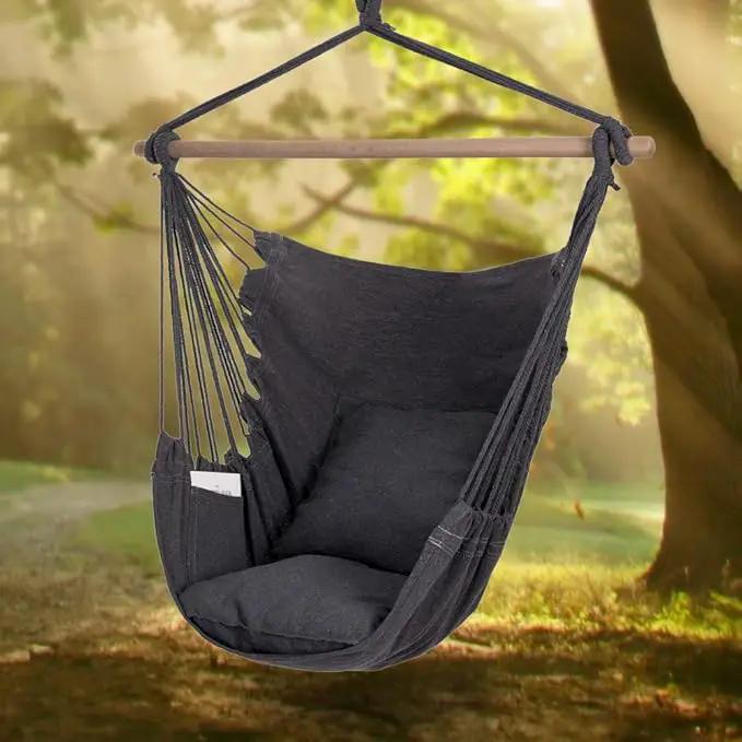 Y- Stop Hammock Chair Hanging Rope Swing Chair, Max 500 Lbs, 2 Seat Cushions Included, Removable Steel Spreader Bar with Anti-Slip Rings, Hardware kit-for Indoor or Outdoor(Dark Grey) by GreenHaven Gardens