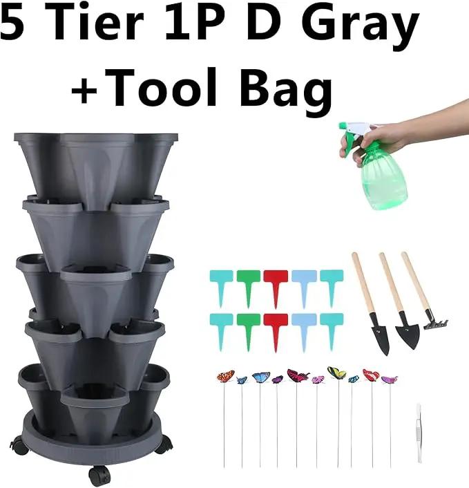 Vertical Planter, 5 Tier Stackable Strawberry Planter with Garden Tool Set, Movable Indoor/Outdoor Garden Herb Pot for Growing Vegetables and Succulents, Dark Gray by GreenHaven Gardens