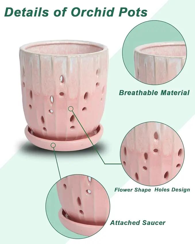 vensovo 6 Inch Ceramic Orchid Pot - Orchid Pot with Holes for Repotting, Ceramic Planter with Saucer for Indoor/Outdoor Plants, Pink by GreenHaven Gardens