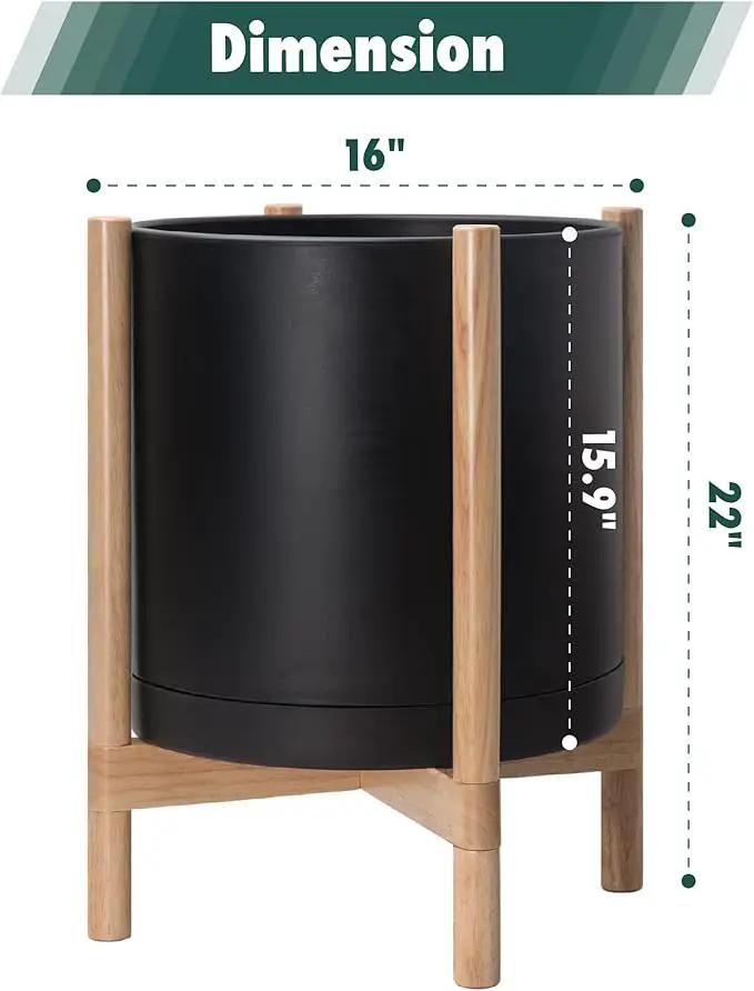 D'vine Dev Planter Pot with Stand - 16 Inch Plastic Cylinder Flower Pot with Wood Planter Holder for Indoor, Matte Black Pot + Natural Stand, 55-C-Y-2 by GreenHaven Gardens
