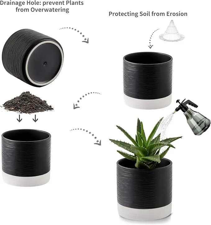 Nihow Ceramic Plant Pot: 6 Inch Planter with Drainage Hole & Saucer for Indoor & Outdoor Plants - Cylinder Round Flower Pot for Succulent/Herbs/Violets - Black & White by GreenHaven Gardens