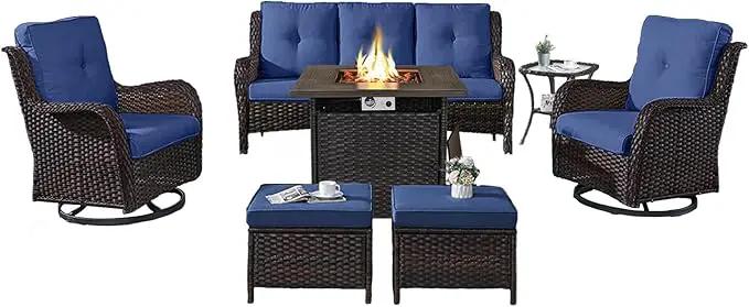 Outdoor Patio Furniture Set with Propane Fire Pit Table, 7 Pieces Wicker Patio Conversation Set with 2 Swivel Glider Rocker Chairs Rattan Sofa Blue Cushion Perfect for Casual Gathering by GreenHaven Gardens