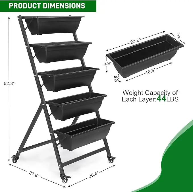 Outvita 4.4 FT Vertical Garden Bed, 5 Tier Vertical Raised Planter, Removable Black Raised Bed Box with 4 Wheels, Movable Elevated Vegetable Flower Planter for Patio Yard Indoor Outdoor by GreenHaven Gardens