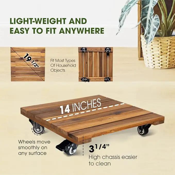 Idzo 2-Pack 14 Inch Wood Plant Caddy with Wheels Heavy Duty, 264 lbs Acacia Hardwood Plant Caster Dolly Rolling Stand with 360° Lockable Wheels for Heavy Plant Pots and Outdoor Use by GreenHaven Gardens