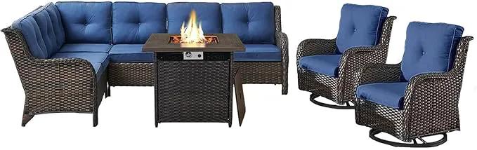 Outdoor Sectional Sofa Furniture Set with Propane Fire Pit Table, Wicker Patio Conversation Set with 2 Swivel Glider Rocker Chairs Blue Cushion Perfect for Backyard Casual Gathering by GreenHaven Gardens