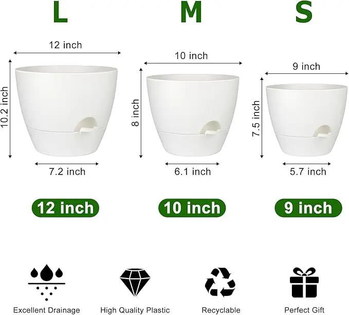 Plant Pots 12/10/9 Inch Self Watering Pots, Set of 3 Plastic Planters with Drainage Holes and Saucers,Plastic Flower Pots,Nursery Planting Pot for Indoor Out Door Plants(Pure White) by GreenHaven Gardens